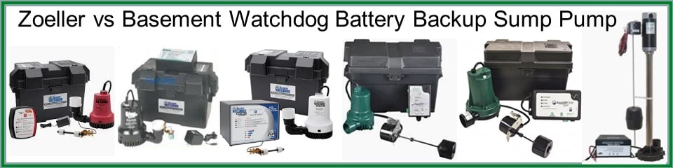 Pictured are Zoeller and Basement Watchdog Battery Backup Sump Pumps; They look different and have different features. This review compares those feature differences. Pictured are Zoeller and Basement Watchdog Battery Backup Sump Pumps available online for review and purchase.